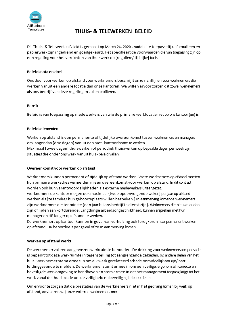 thuis- & telewerken beleid template