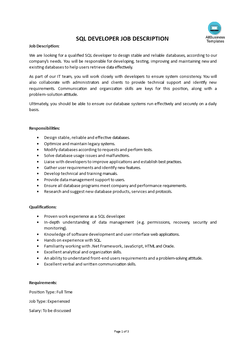 sql developer job description plantilla imagen principal