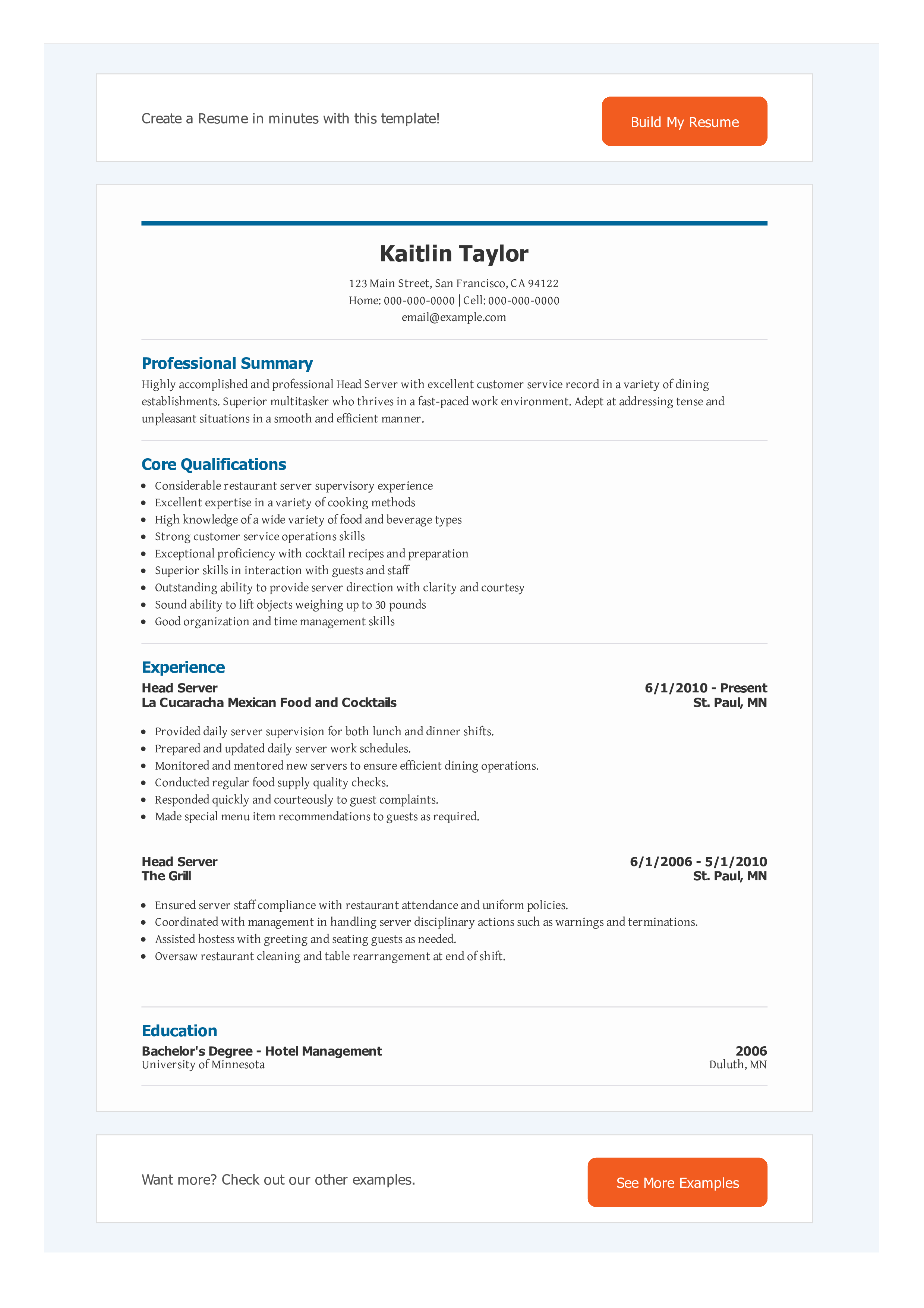 Head Server Resume main image