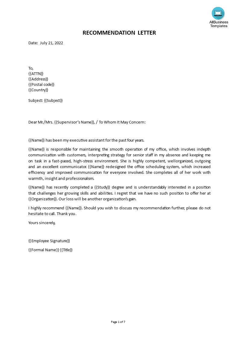 letter of recommendation for permanent employment Hauptschablonenbild