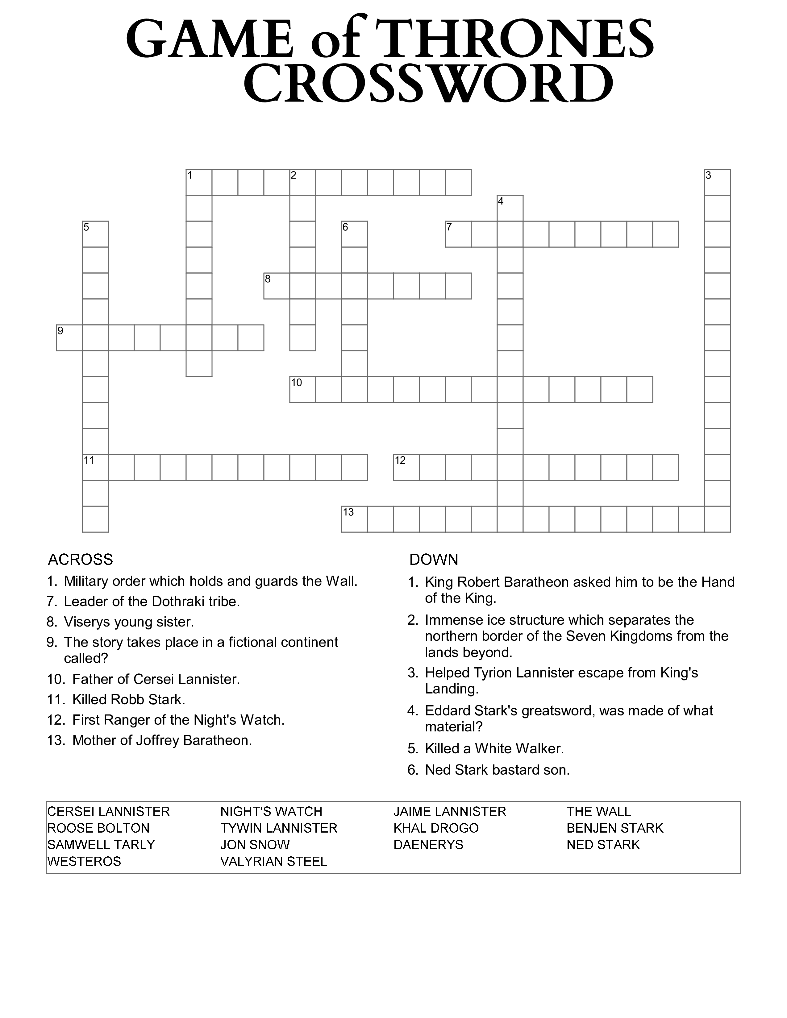 game of thrones crossword template