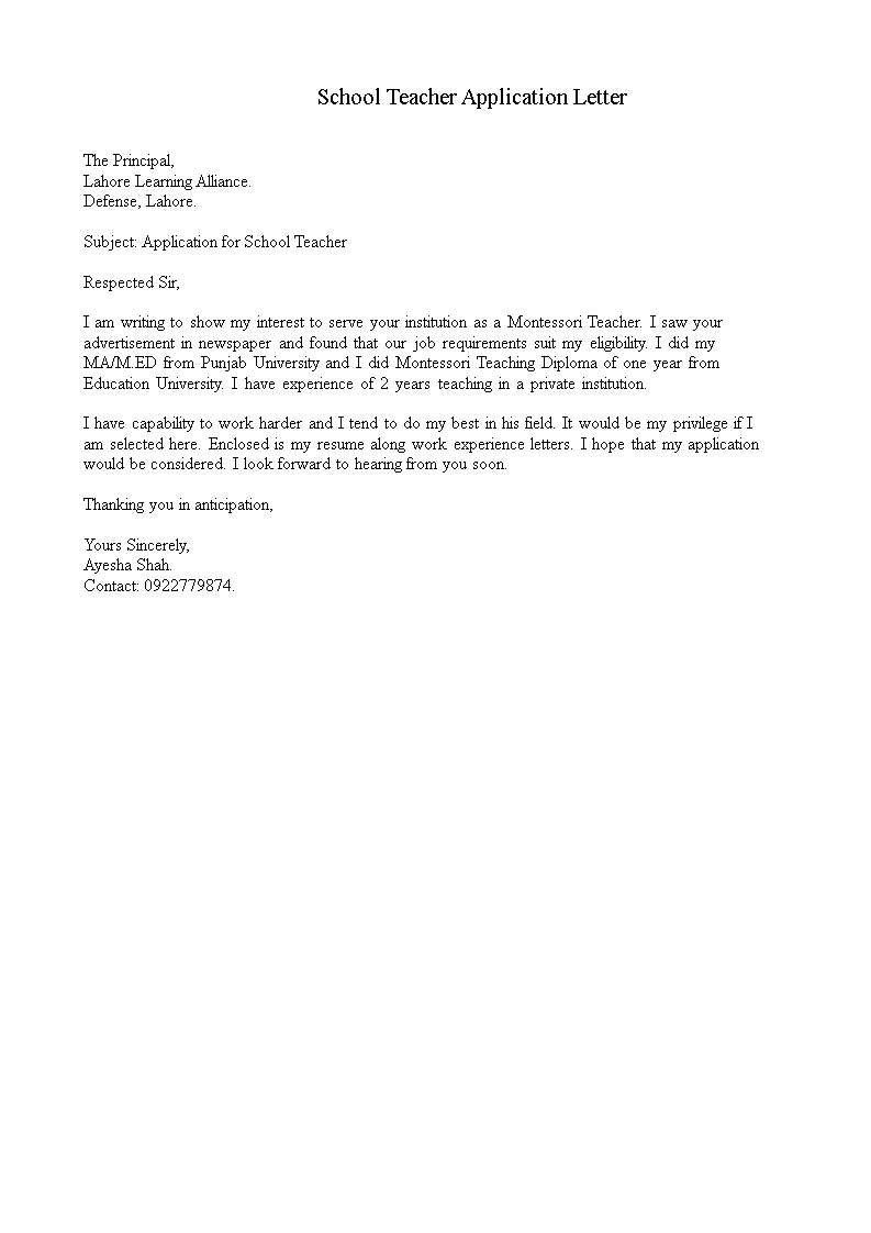 simple application letter for private school teacher