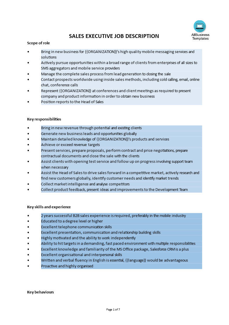 sales executive job description template