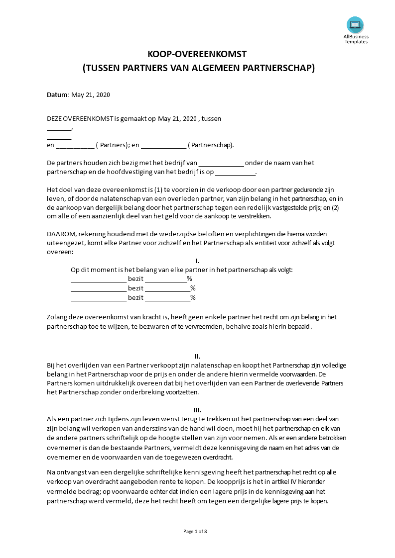 koop-verkoopovereenkomst tussen partners template