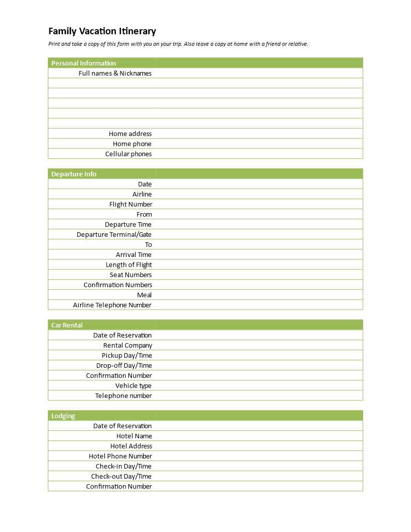 family holiday vacation itinerary template