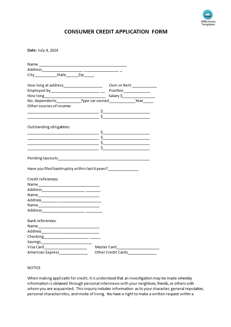 consumer credit application form Hauptschablonenbild