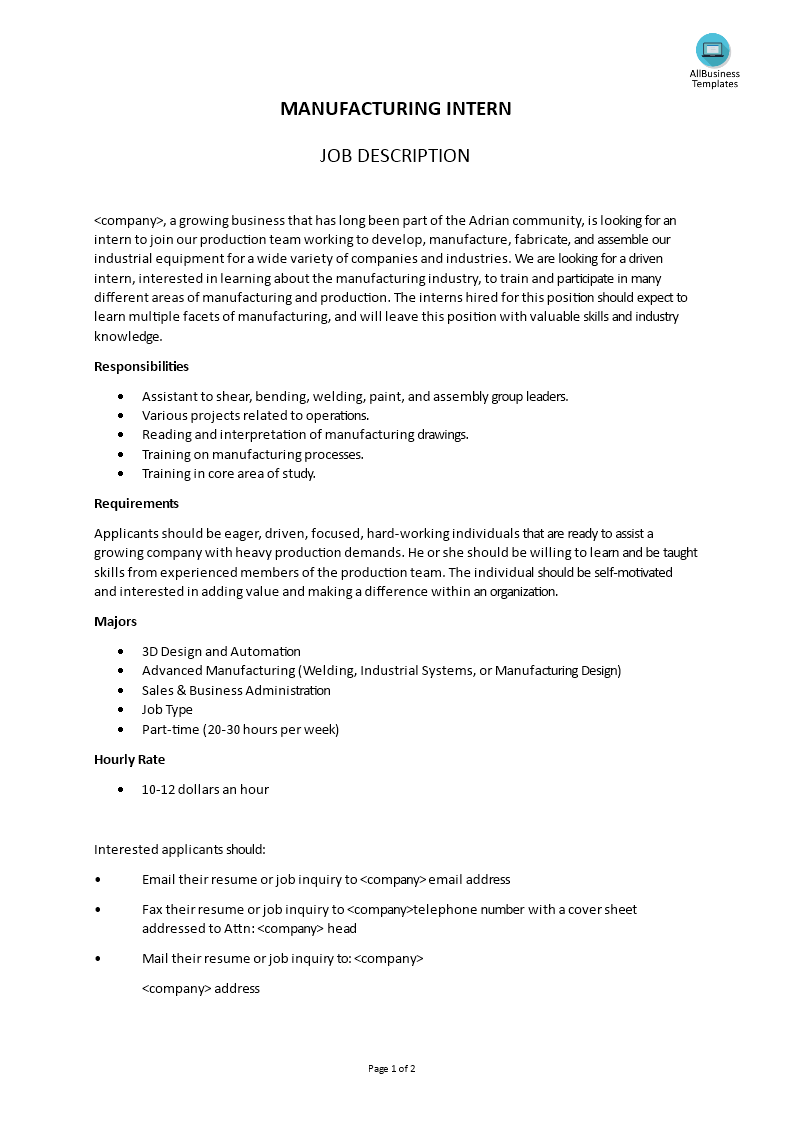 Manufacturing Intern Job Description main image