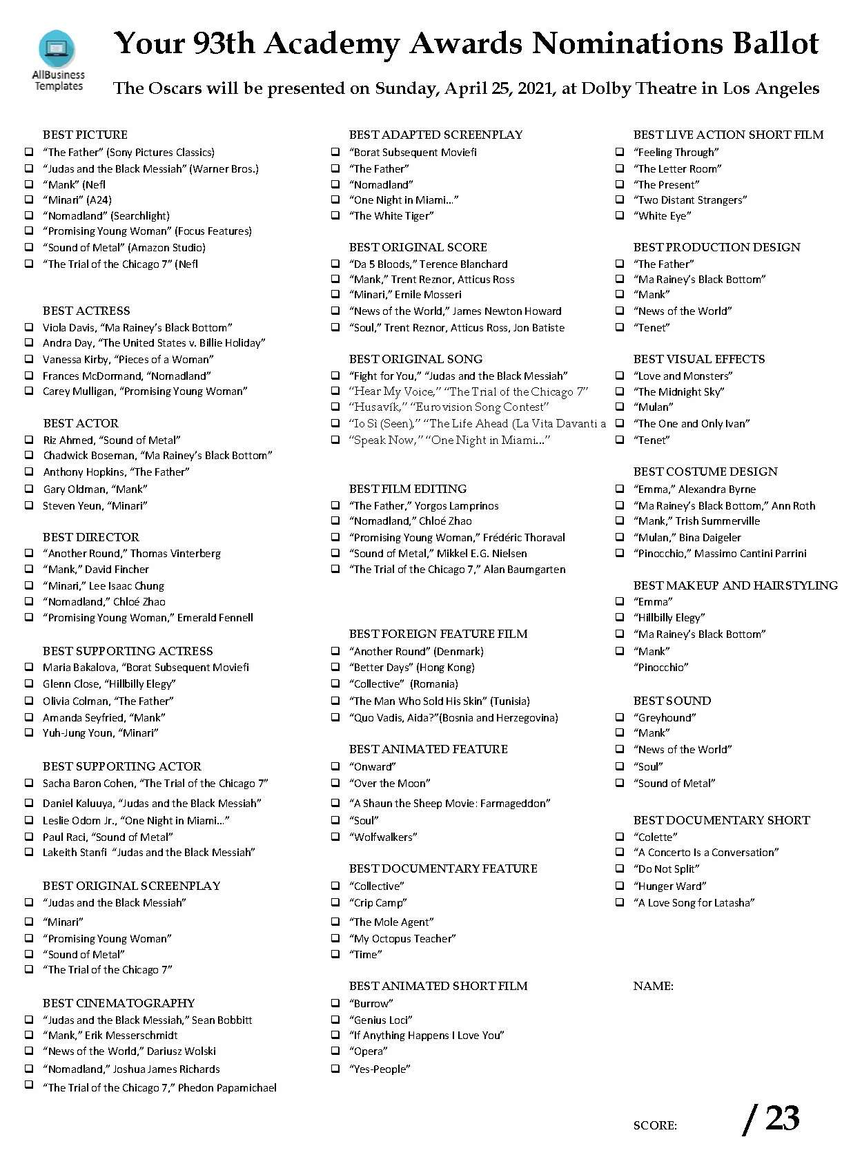 oscars 2021 nominations ballot Hauptschablonenbild