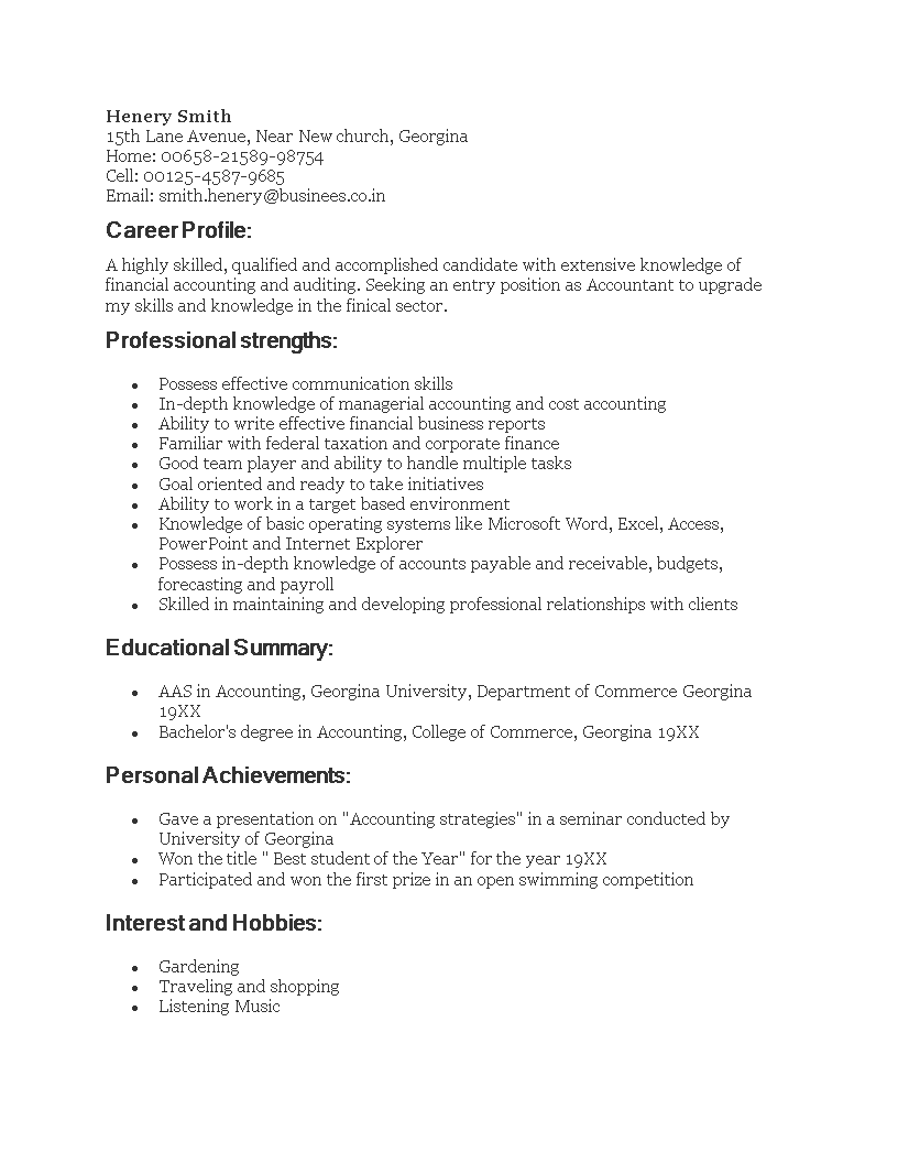 Free Resume Sample For Fresh Graduate Accounting Templates At