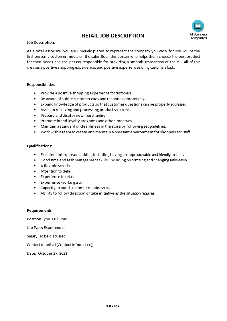 retail job description template