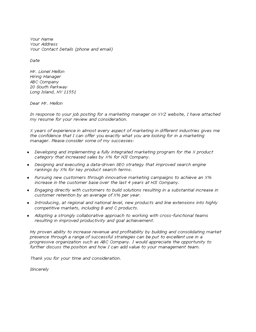 job application letter marketing manager template