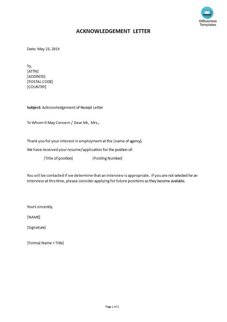 application acknowledgement of receipt letter template