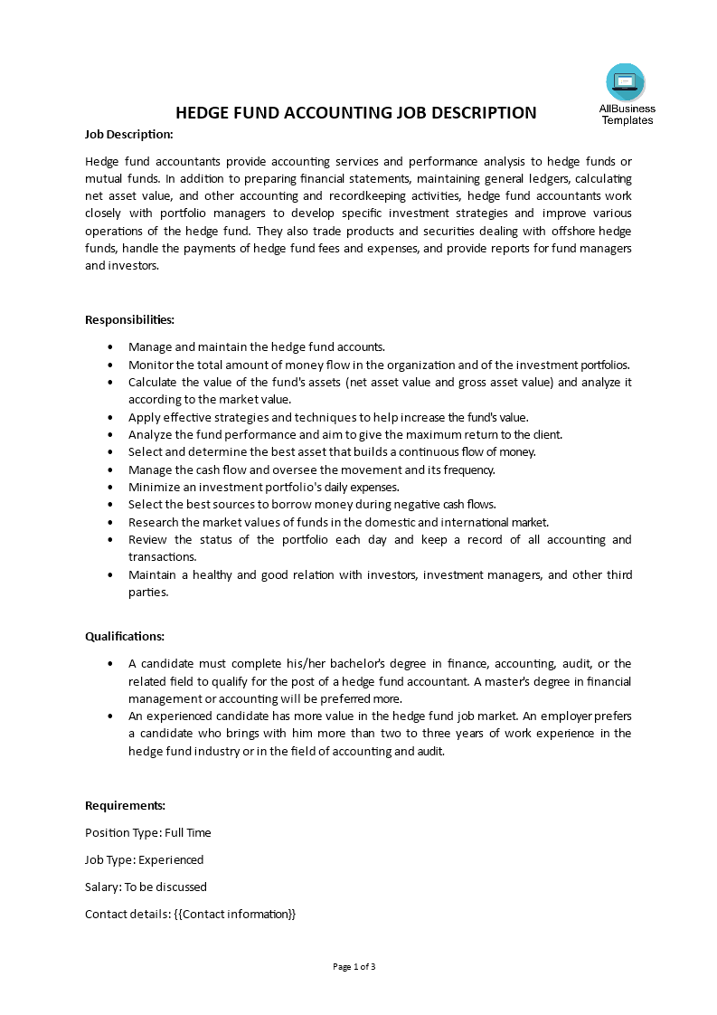 hedge fund accounting job description template