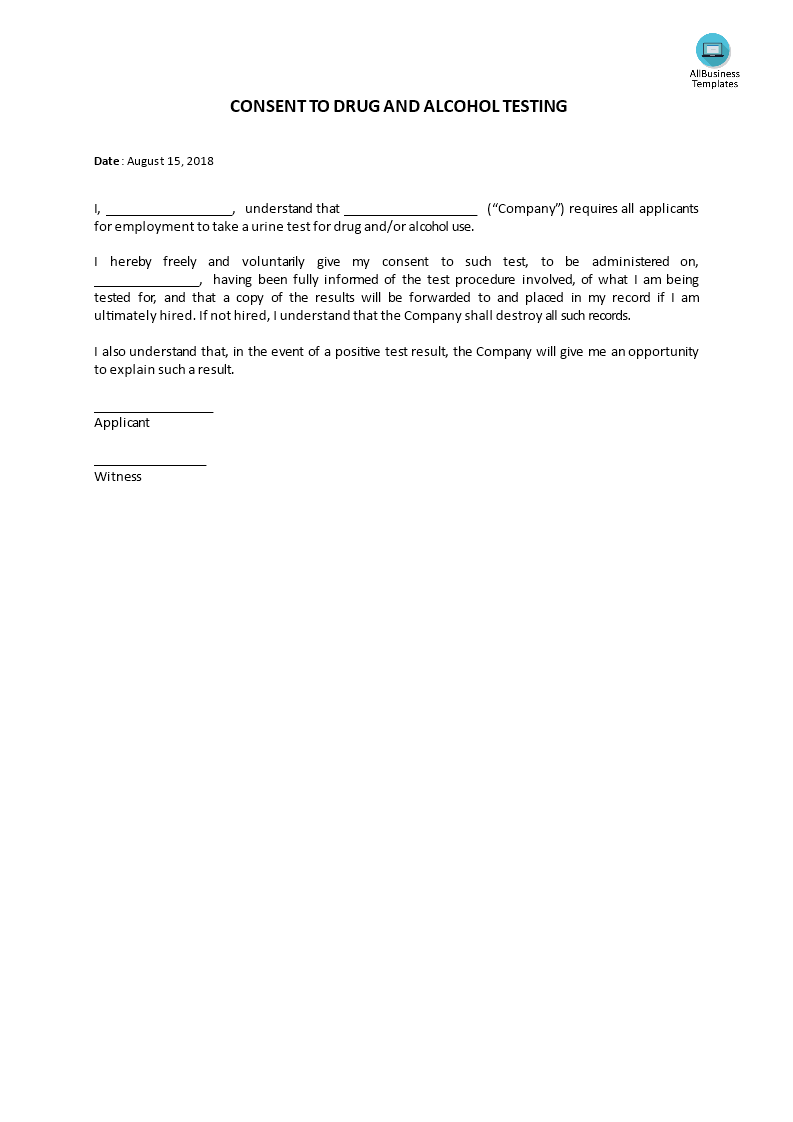 drug and alcohol testing, applicant consent template