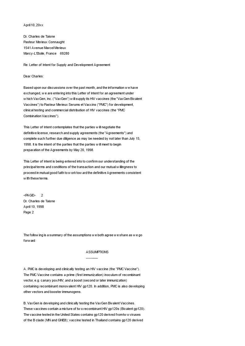 business letter of intent vaccine business template