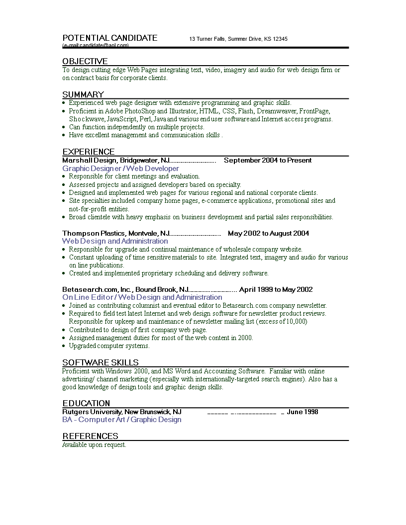 web designer fresher resume voorbeeld afbeelding 