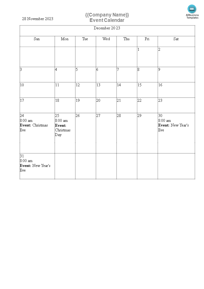 event calendar word template