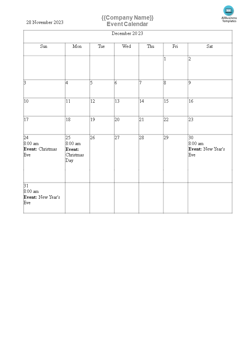 event calendar word Hauptschablonenbild