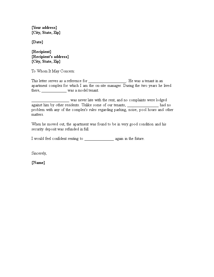 rental reference letter from property manager modèles