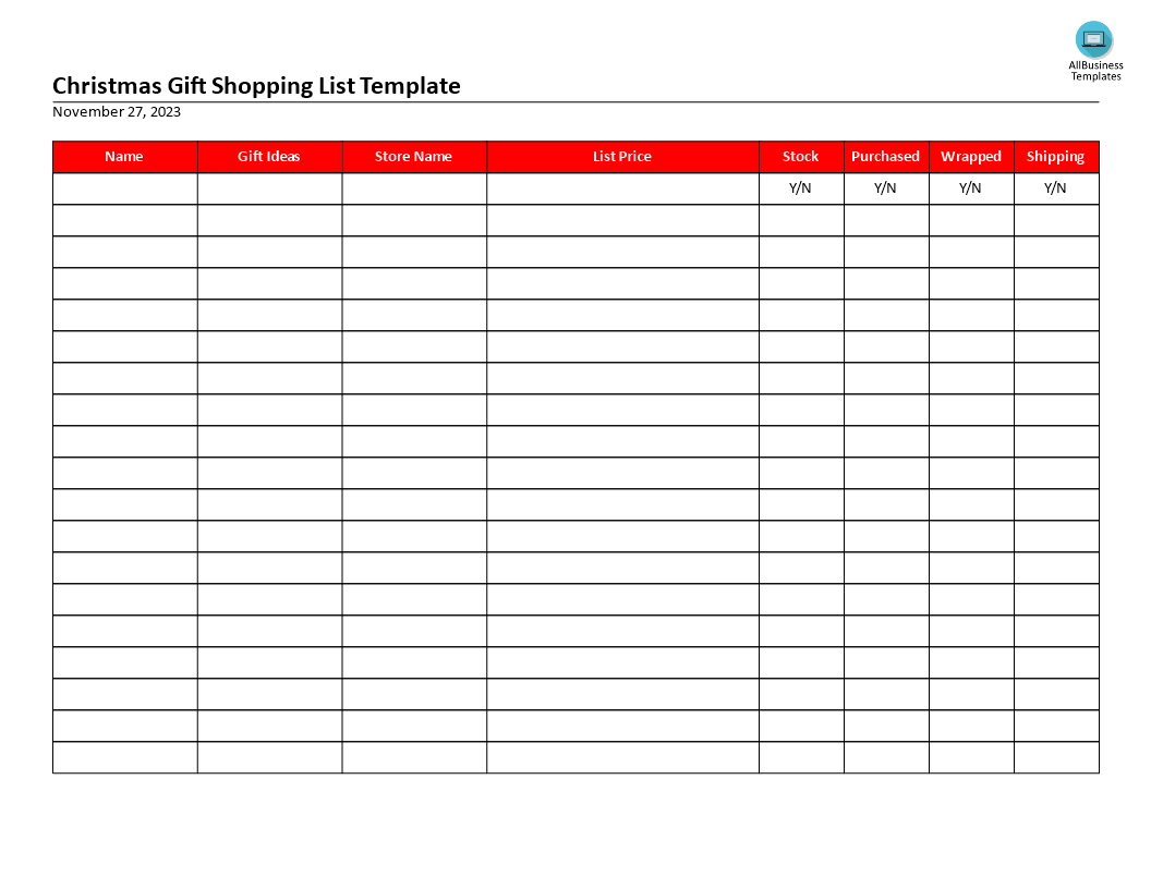 Christmas Gift Shoppinglist sample 模板