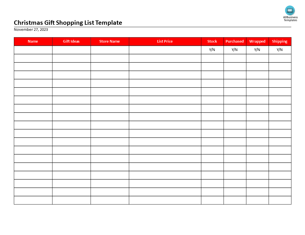 christmas gift shoppinglist sample template