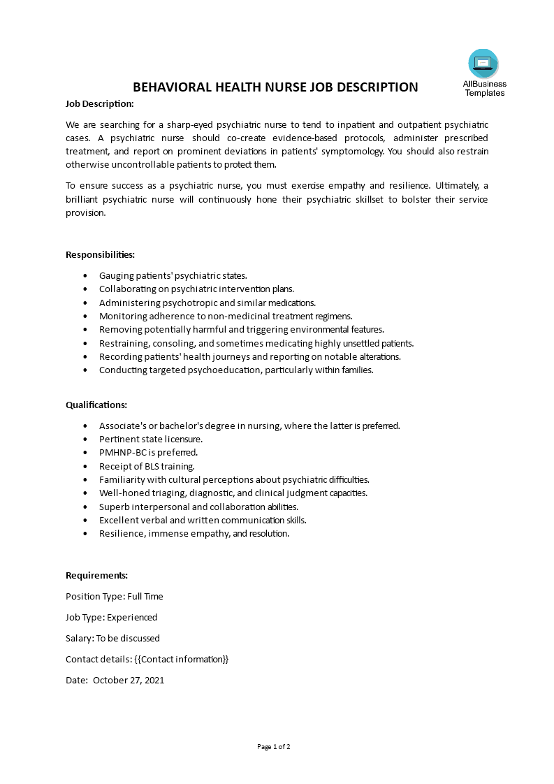behavioral health nurse job description template