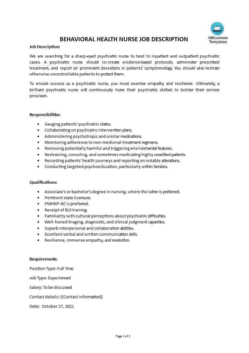 behavioral health nurse job description voorbeeld afbeelding 