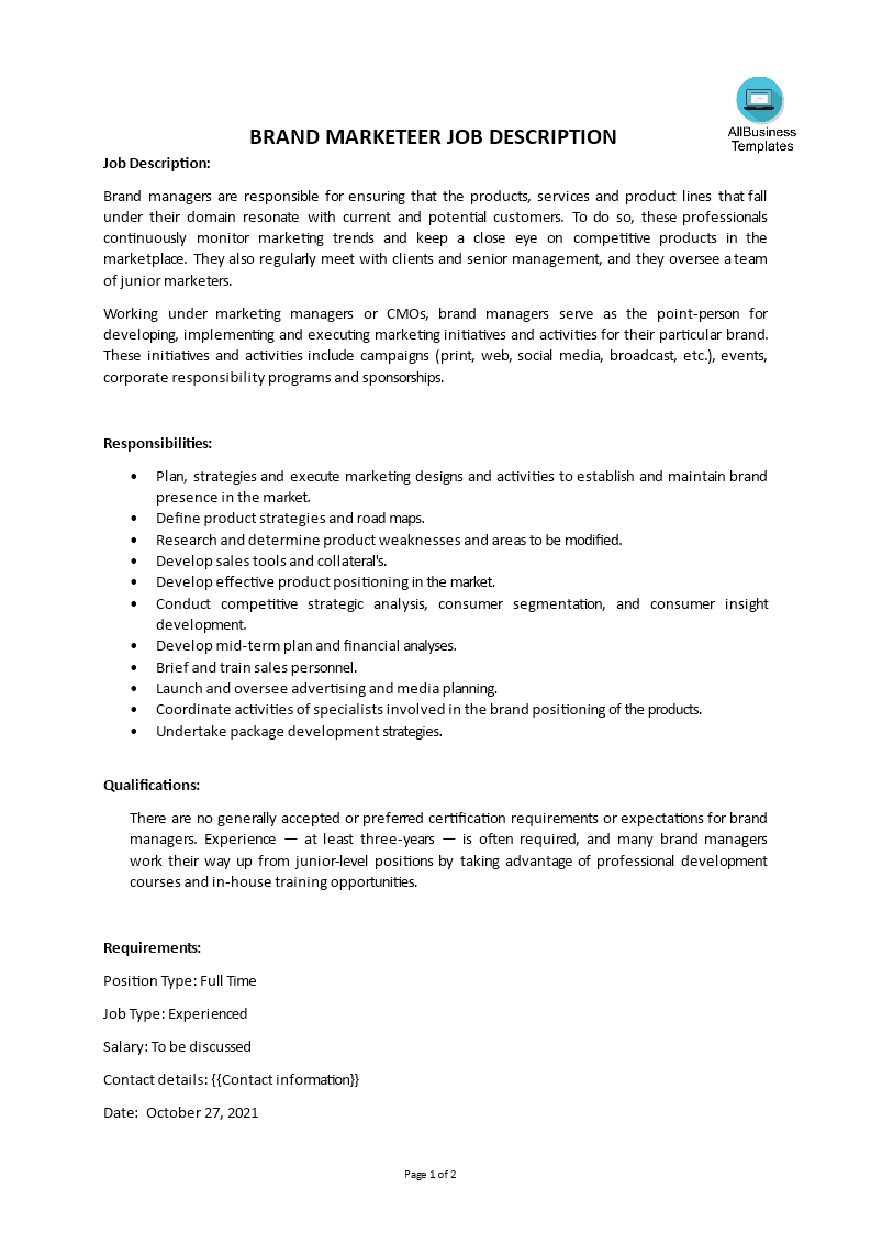 brand marketeer job description modèles