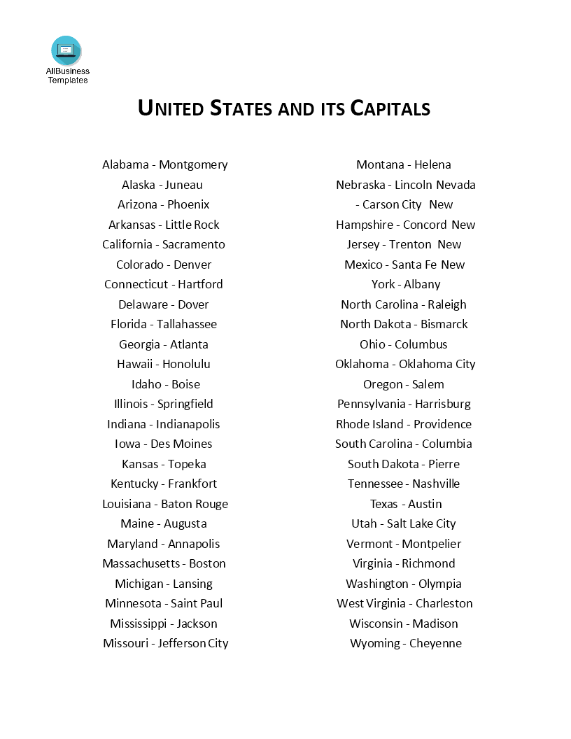 Printable List Of State Capitals