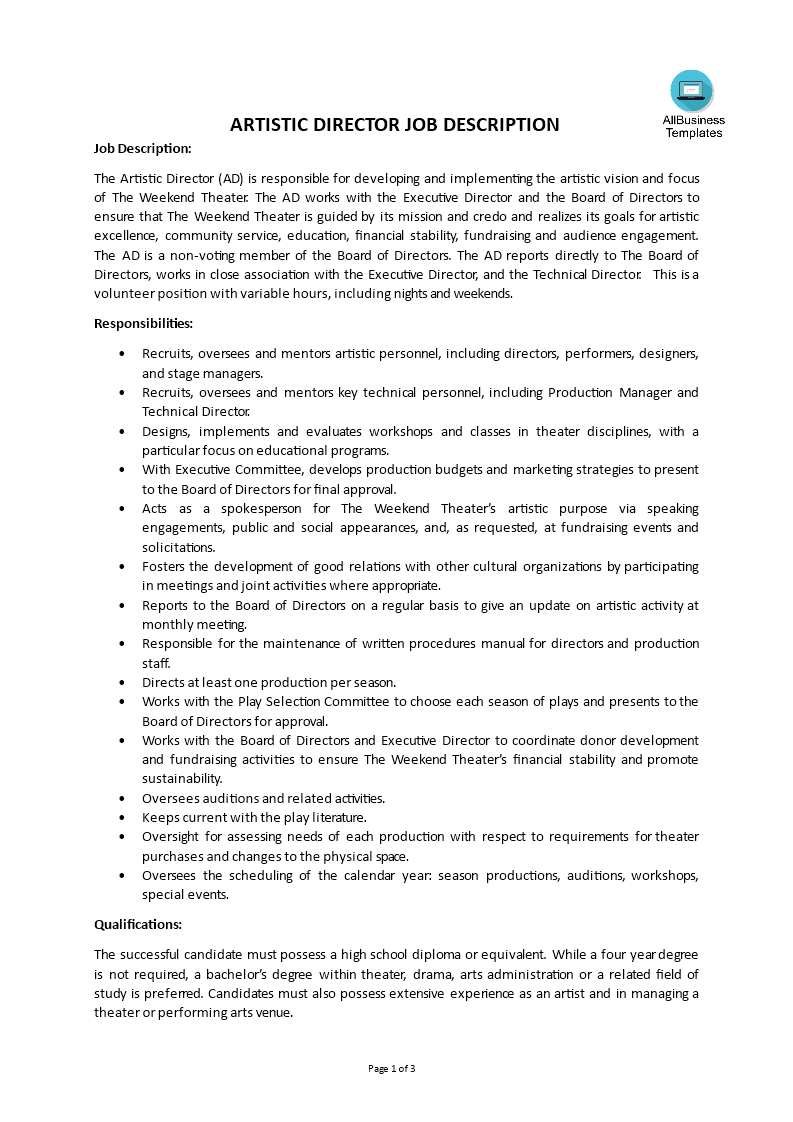 artistic director job description template