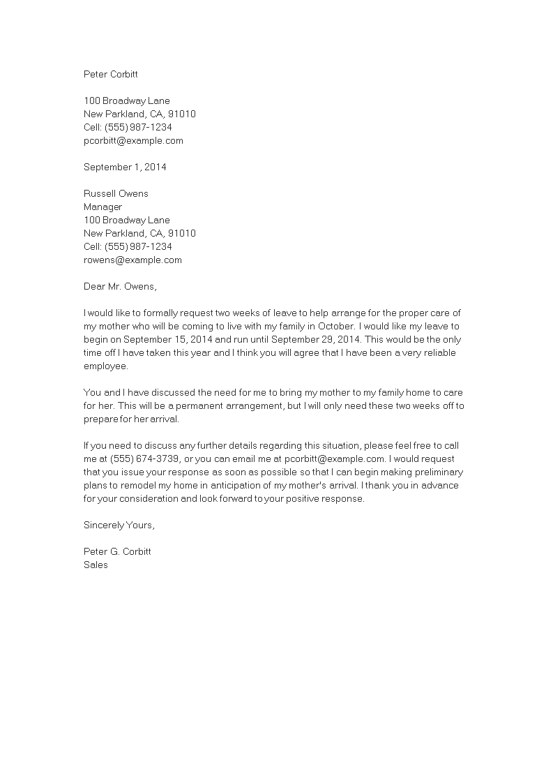 formal leave letter to manager template