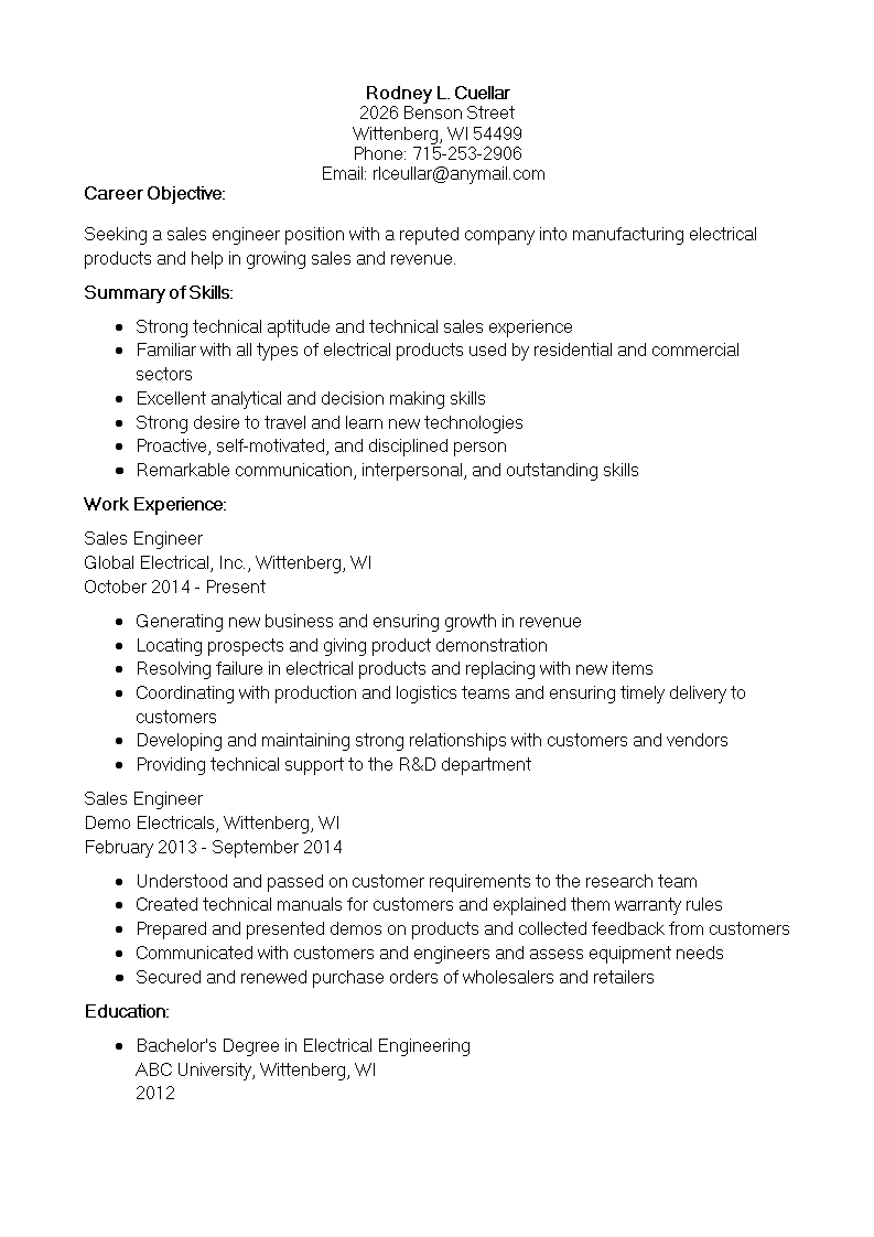 construction sales engineer resume modèles