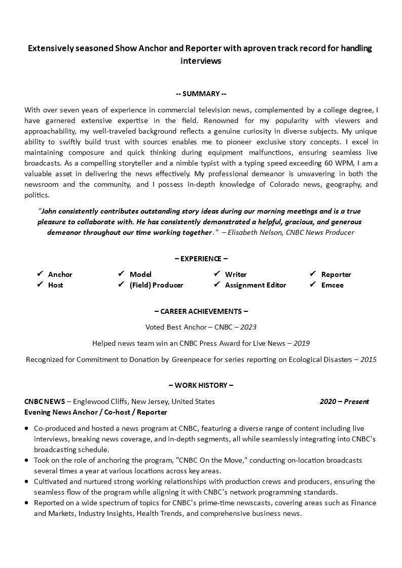 news reporter resume sample template