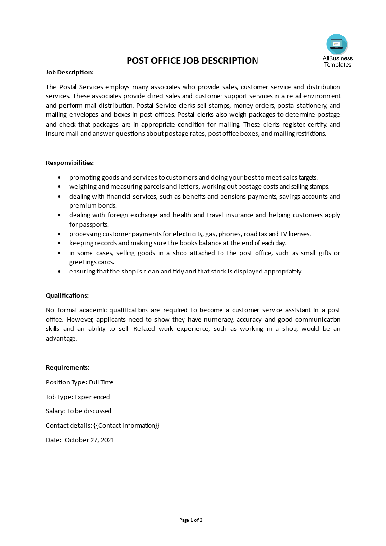 post office job description template