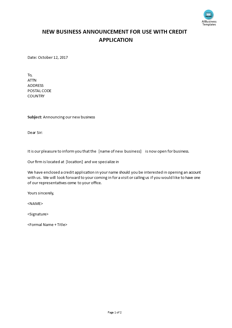 new business announcement for use with credit application template