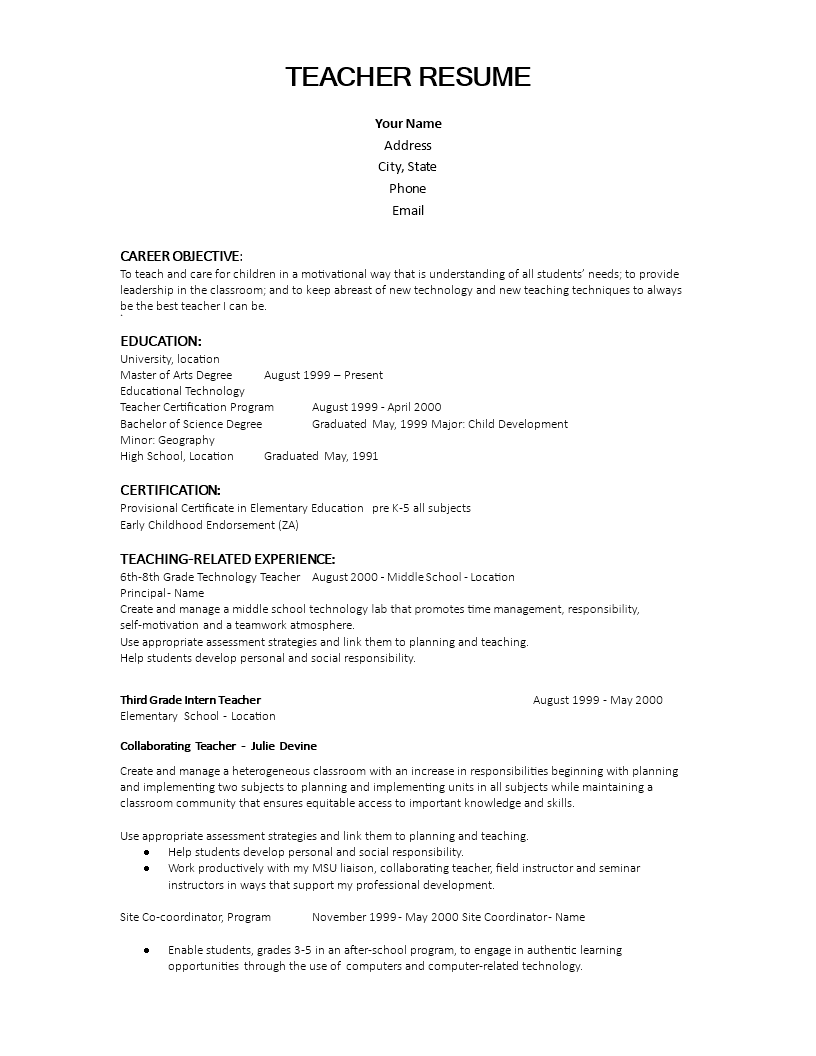 experienced teacher resume objective Hauptschablonenbild