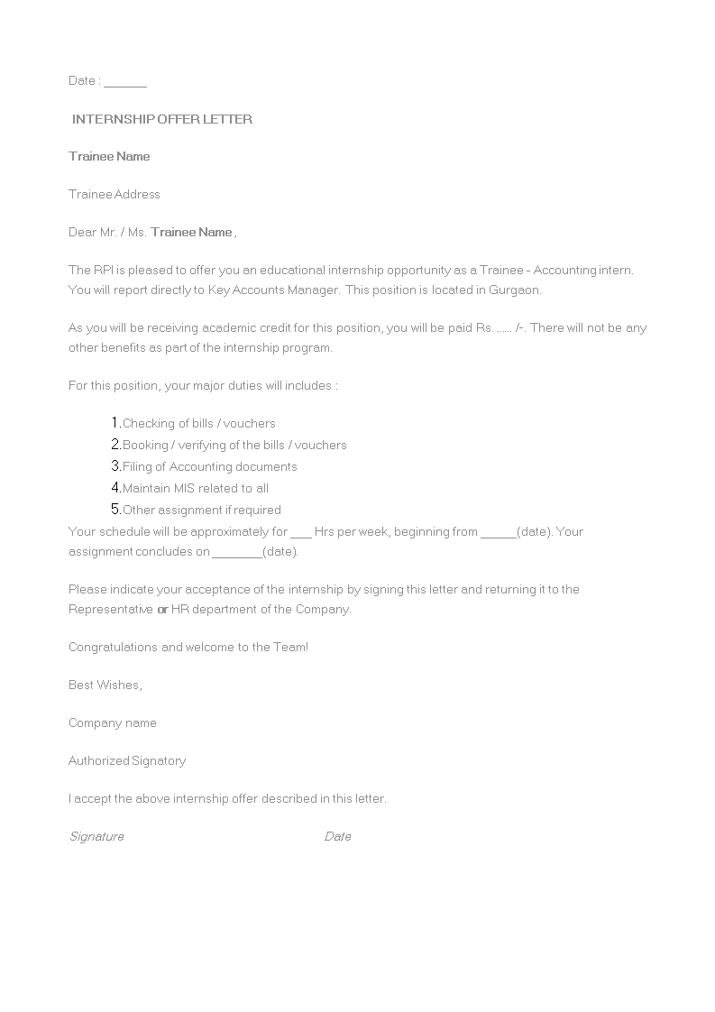 internship employment offer letter template