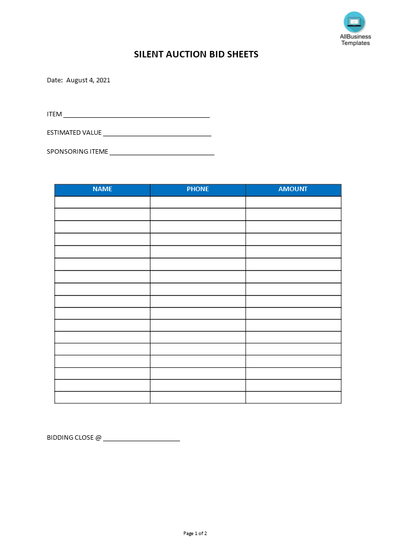 auction bid sheet plantilla imagen principal