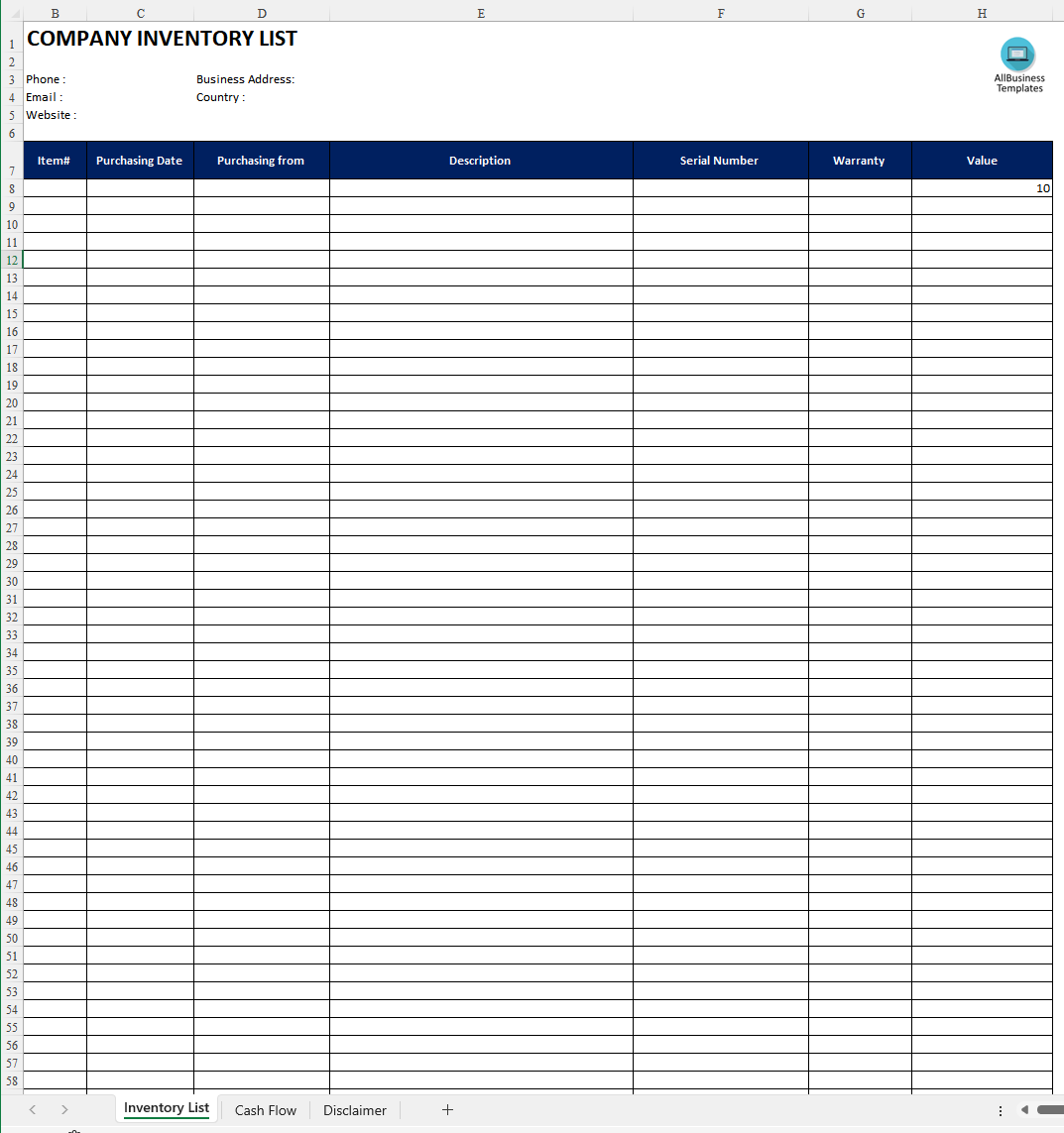 Printable Business Inventory List 模板