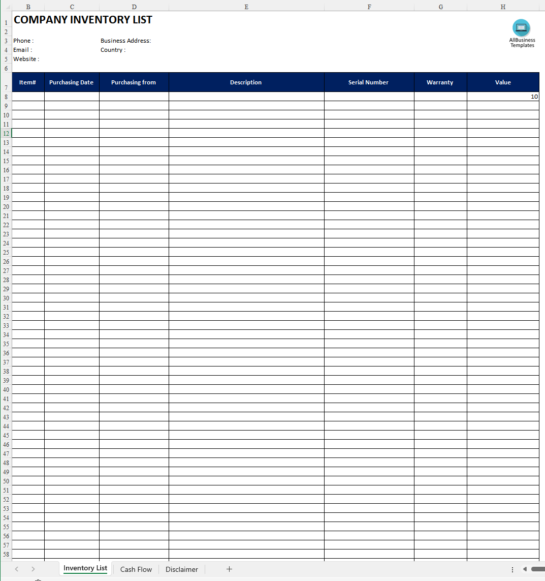 printable business inventory list modèles