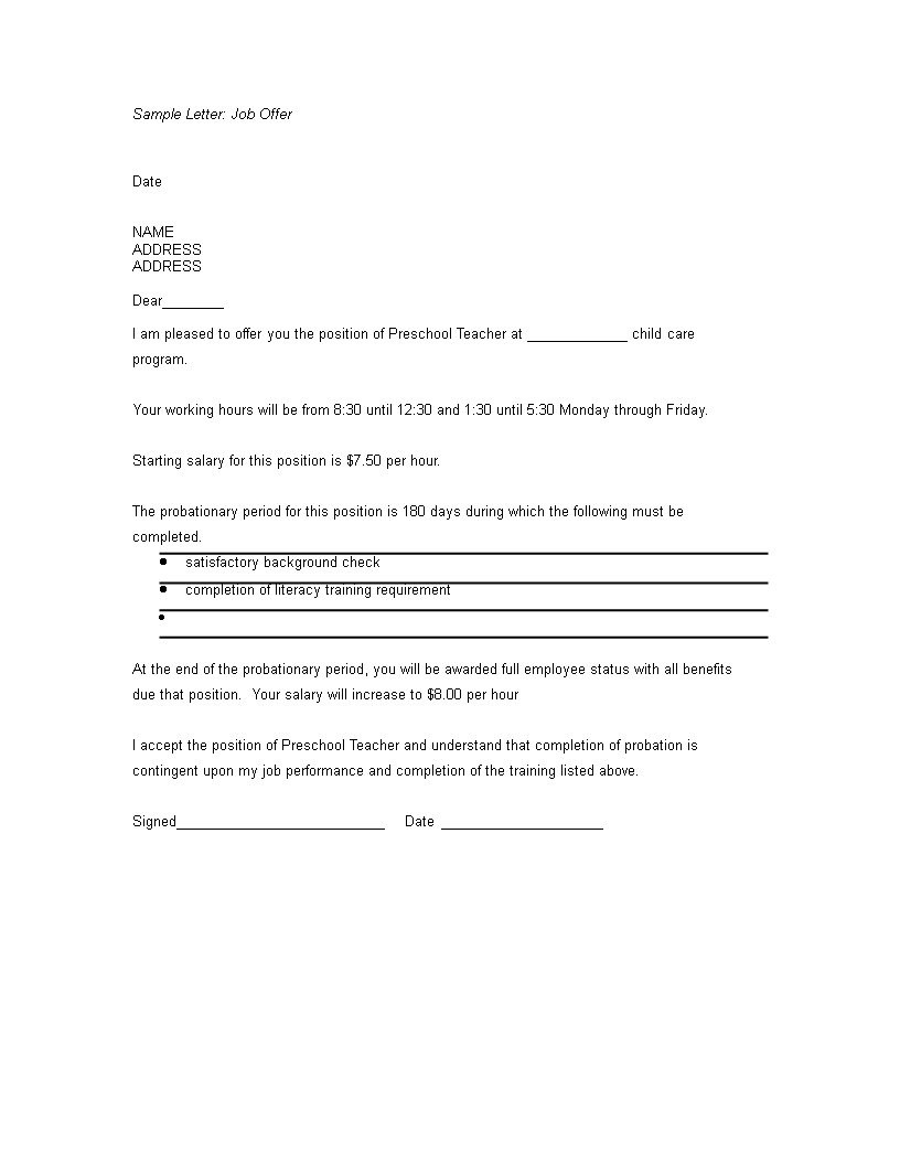 sample teacher offer letter template