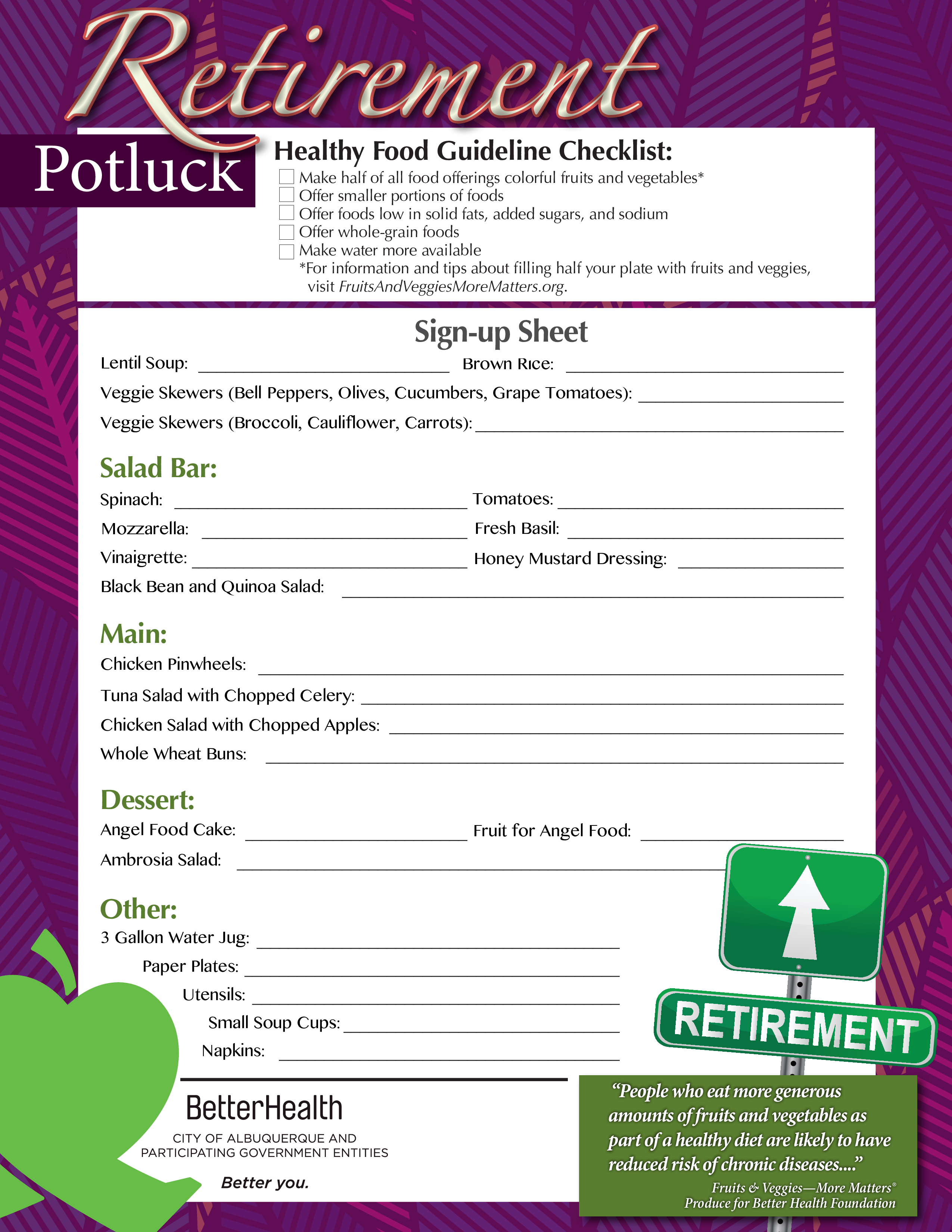 retirement potluck signup sheet voorbeeld afbeelding 