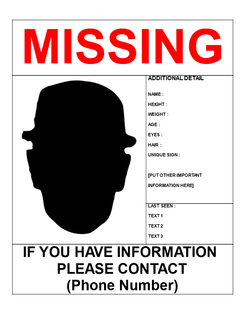 missing person poster template letter size template