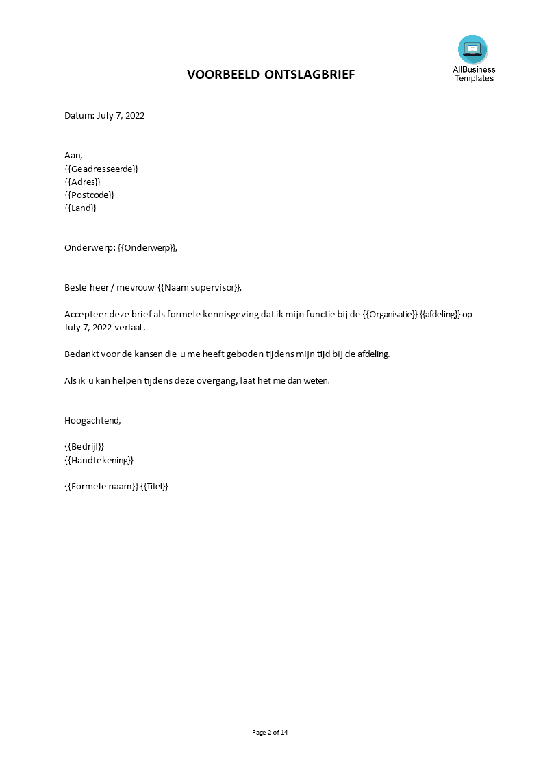 formele ontslagbrief template voorbeeld afbeelding 