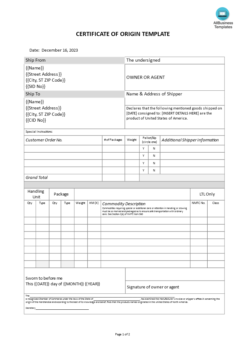 免费Certificate of Origin  样本文件在allbusinesstemplates.com Pertaining To Certificate Of Origin Template Word