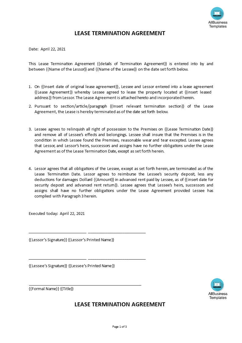 Termination Of Lease Agreement Template