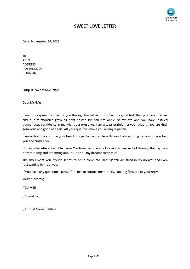 sweet love letter template