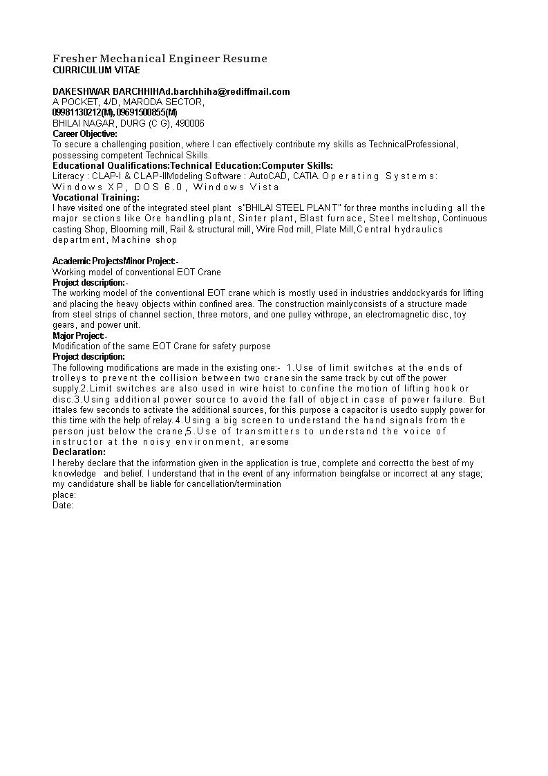 fresher mechanical engineer resume template