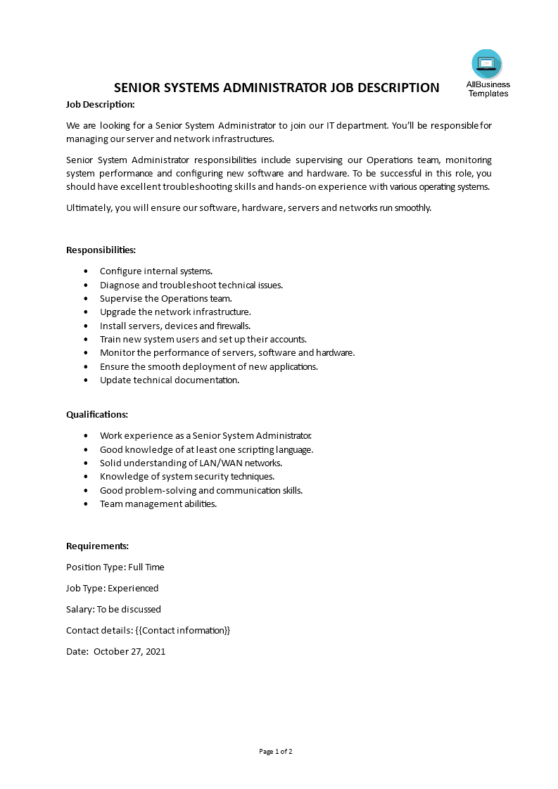 senior systems administrator job description voorbeeld afbeelding 