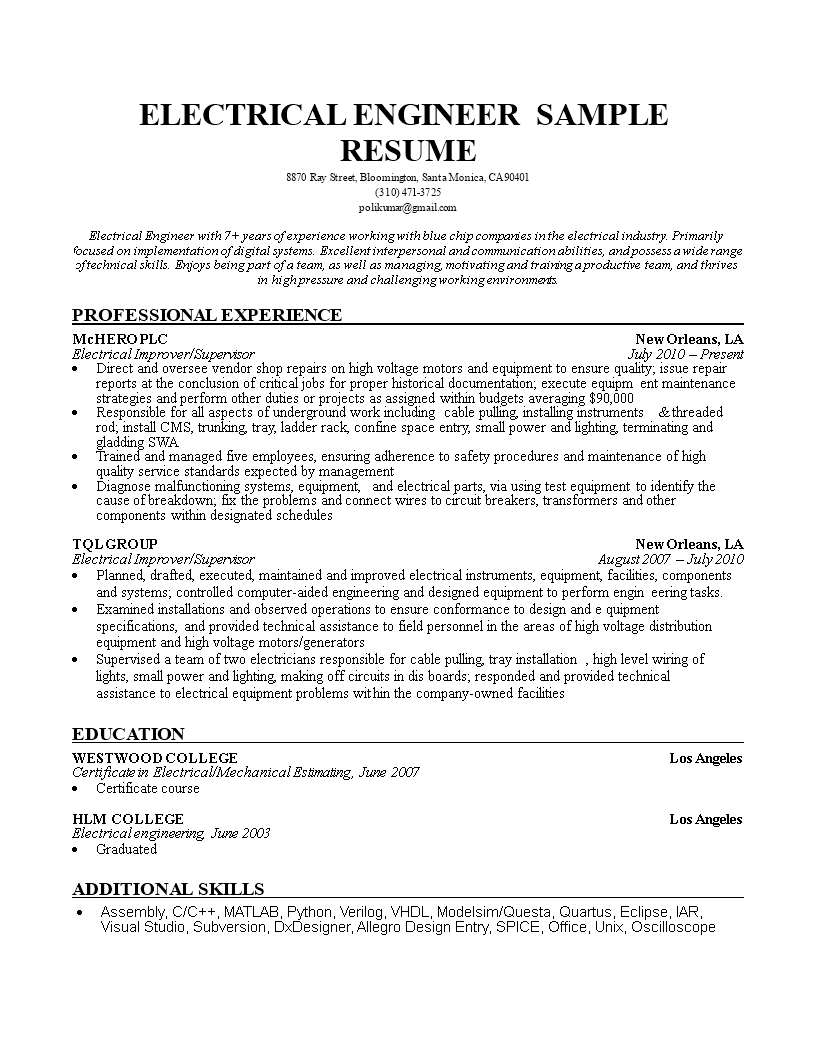 Electrical Engineer Curriculum Vitae 模板